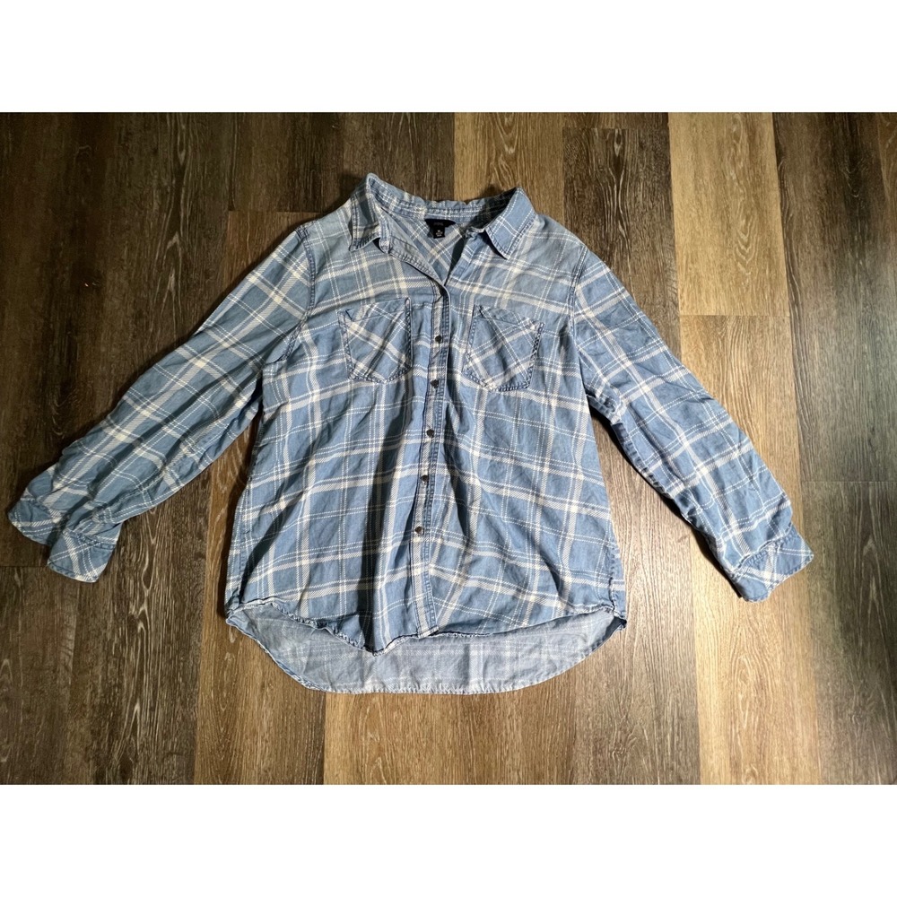 Intro Button Down Shirt Womens XL Blue Plaid Long Sleeve Chest Pockets Hi-Low